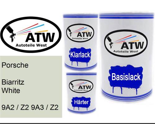Porsche, Biarritz White, 9A2 / Z2 9A3 / Z2: 500ml Lackdose + 500ml Klarlack + 250ml Härter - Set, von ATW Autoteile West.